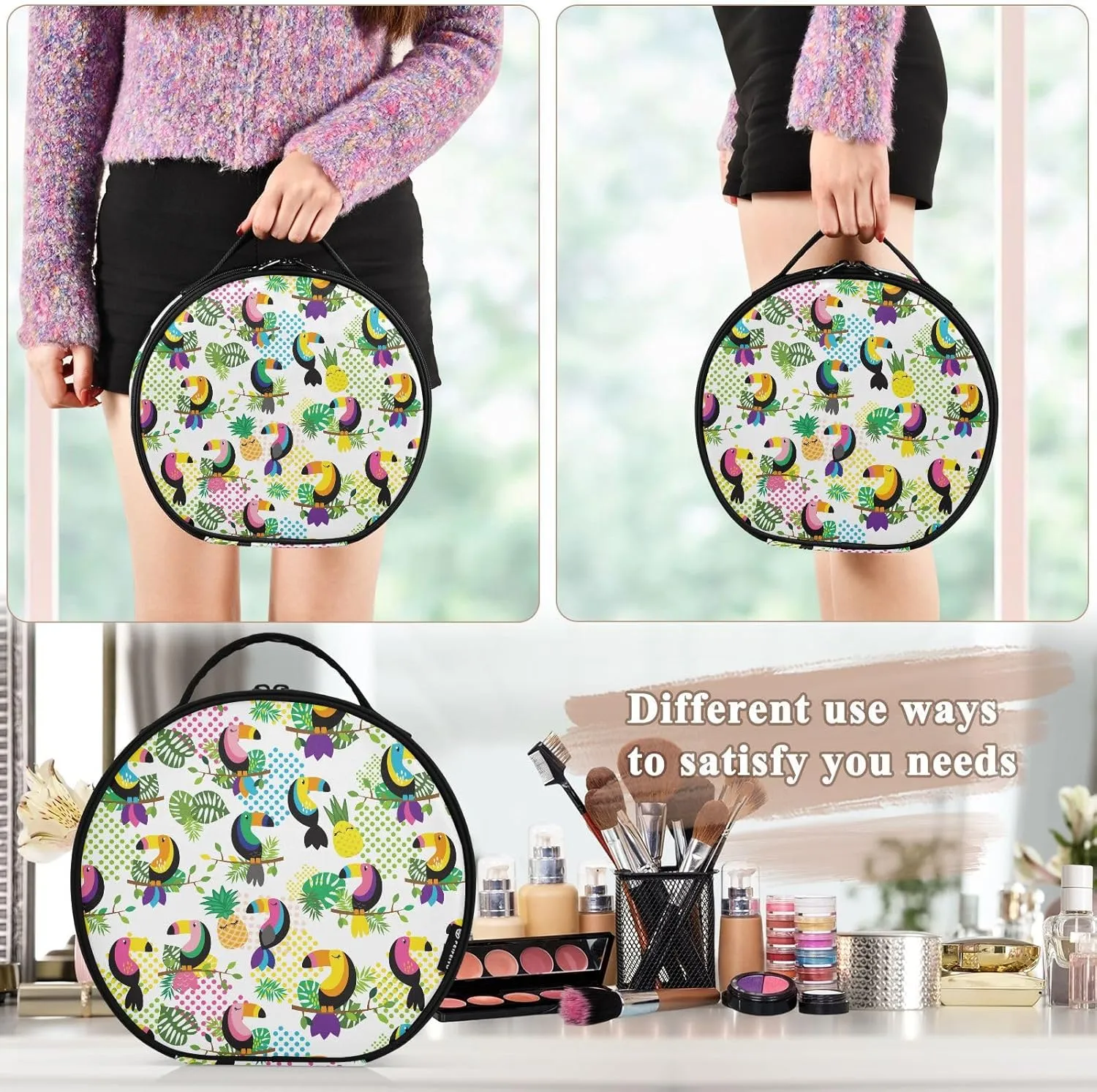 ALAZA Tropical Flamingos Toucans Cacti Tropical Leaves Travel Make Up Organizer Cosmetic Brush Bags Case