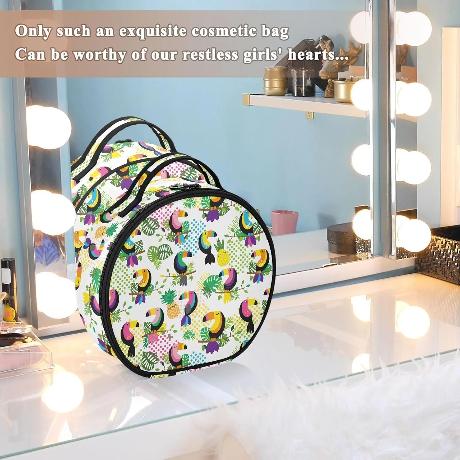 ALAZA Tropical Flamingos Toucans Cacti Tropical Leaves Travel Make Up Organizer Cosmetic Brush Bags Case