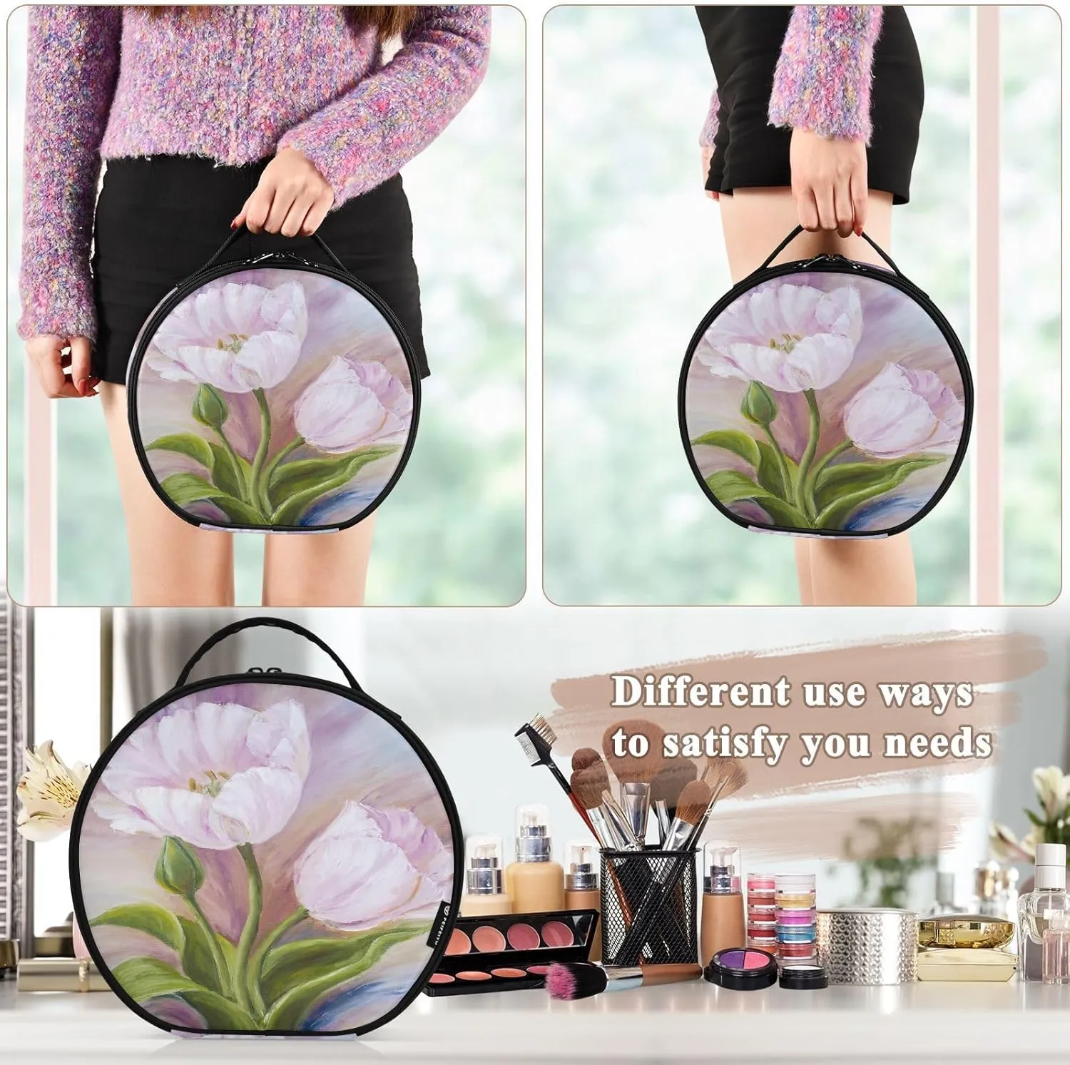 ALAZA Tulips Oil Painting Toiletry Bag Travel Makeup Case Organizer for Women