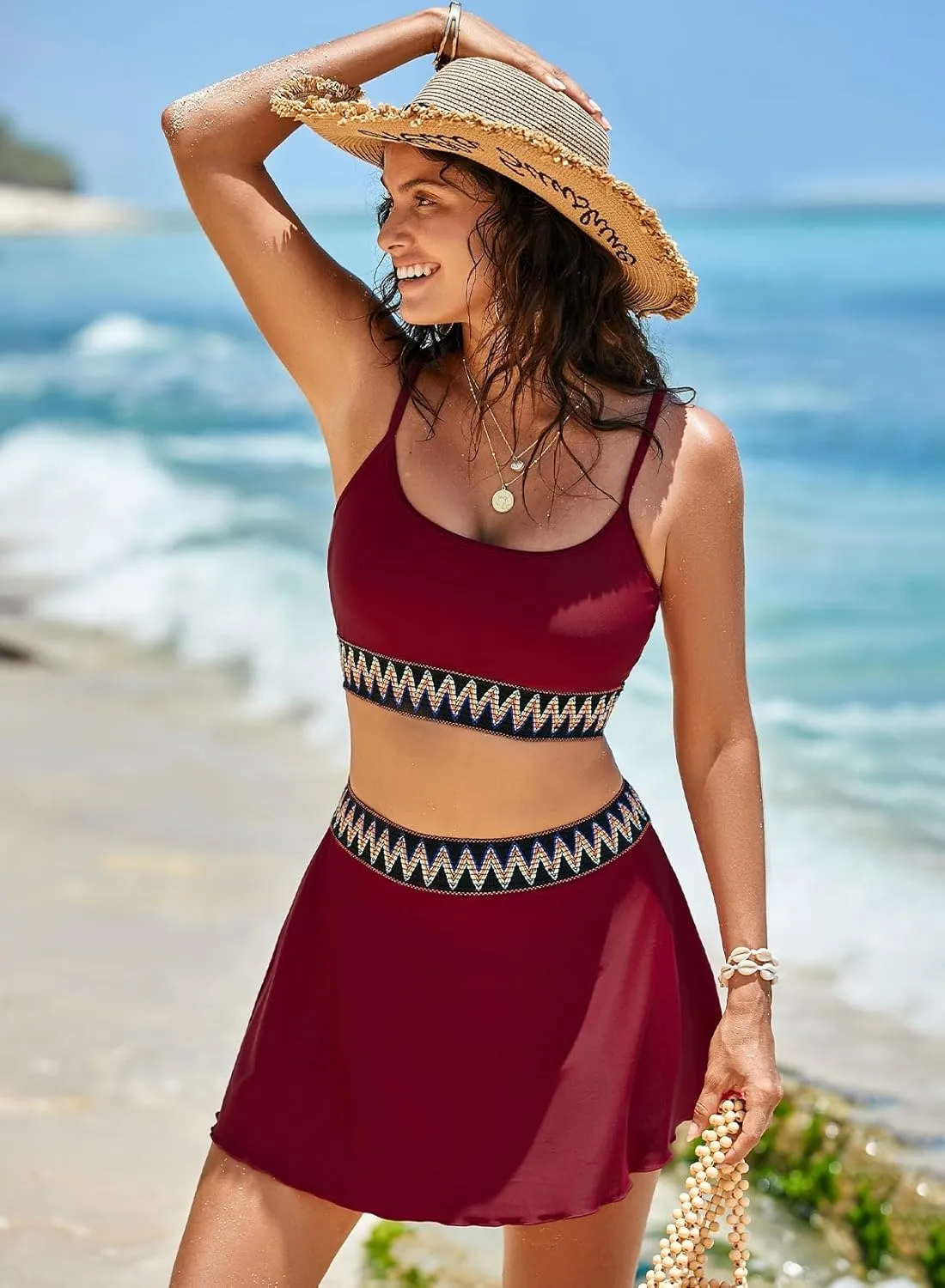 Aleumdr Womens High Waisted Bikini Sets Two Piece Tummy Control Swim Skirt Color Block Skirted Swimsuit 2025