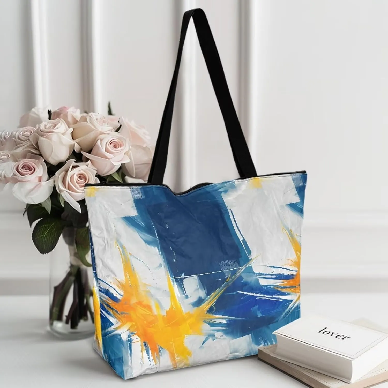 American Flag 14'' Tote Paper Bag for Women Shoulder Tote Bags, Cute Cat Animal Commute Bag, Lemon Fruit Handbag