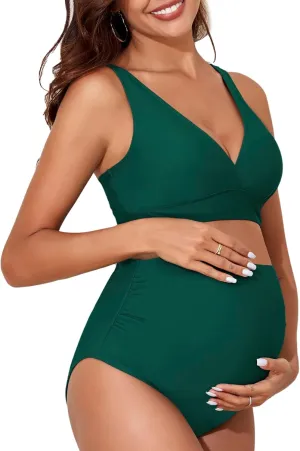 American Trends Maternity Swimsuit High Waisted Bikini Set Two Piece Pregnancy Bathing Suit Swimwear Swimming Suit