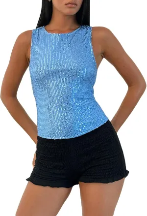 Amiblvowa Sequin Tank Top Women Y2k Sexy Sleeveless Sparkly Crop Camisole Slim Shiny Glitter Cami Going Out Party Vest Shirts