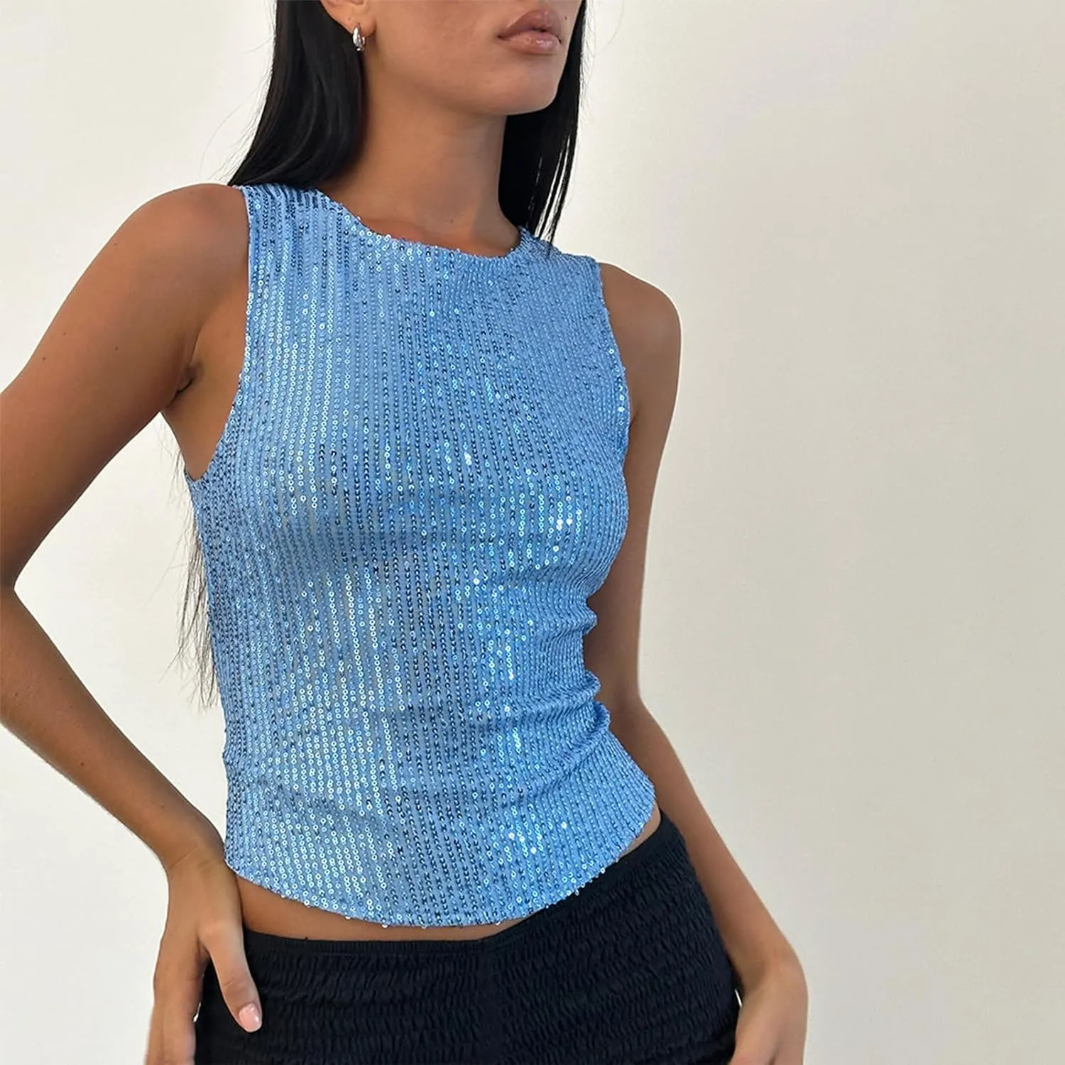 Amiblvowa Sequin Tank Top Women Y2k Sexy Sleeveless Sparkly Crop Camisole Slim Shiny Glitter Cami Going Out Party Vest Shirts
