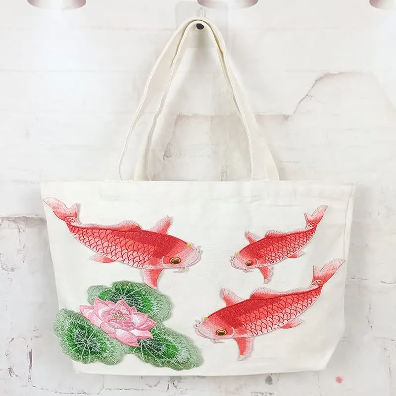 Animal Pattern Reusable Grocery Bags Large Foldable Shopping Bag Heavy Duty Handbag with Reinforced Handles Traditional Embroidery Craft Cute Tote Bags Women Gift Beach Bag (Large Fish)