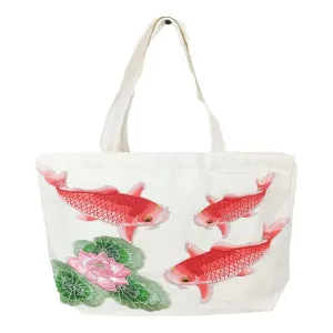Animal Pattern Reusable Grocery Bags Large Foldable Shopping Bag Heavy Duty Handbag with Reinforced Handles Traditional Embroidery Craft Cute Tote Bags Women Gift Beach Bag (Large Fish)