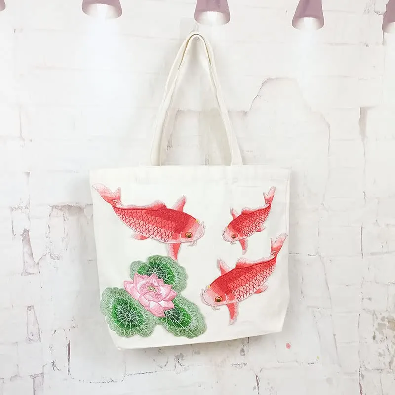 Animal Pattern Reusable Grocery Bags Large Foldable Shopping Bag Heavy Duty Handbag with Reinforced Handles Traditional Embroidery Craft Cute Tote Bags Women Gift Beach Bag (Large Fish)