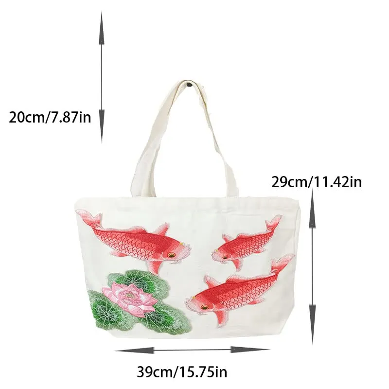 Animal Pattern Reusable Grocery Bags Large Foldable Shopping Bag Heavy Duty Handbag with Reinforced Handles Traditional Embroidery Craft Cute Tote Bags Women Gift Beach Bag (Large Fish)