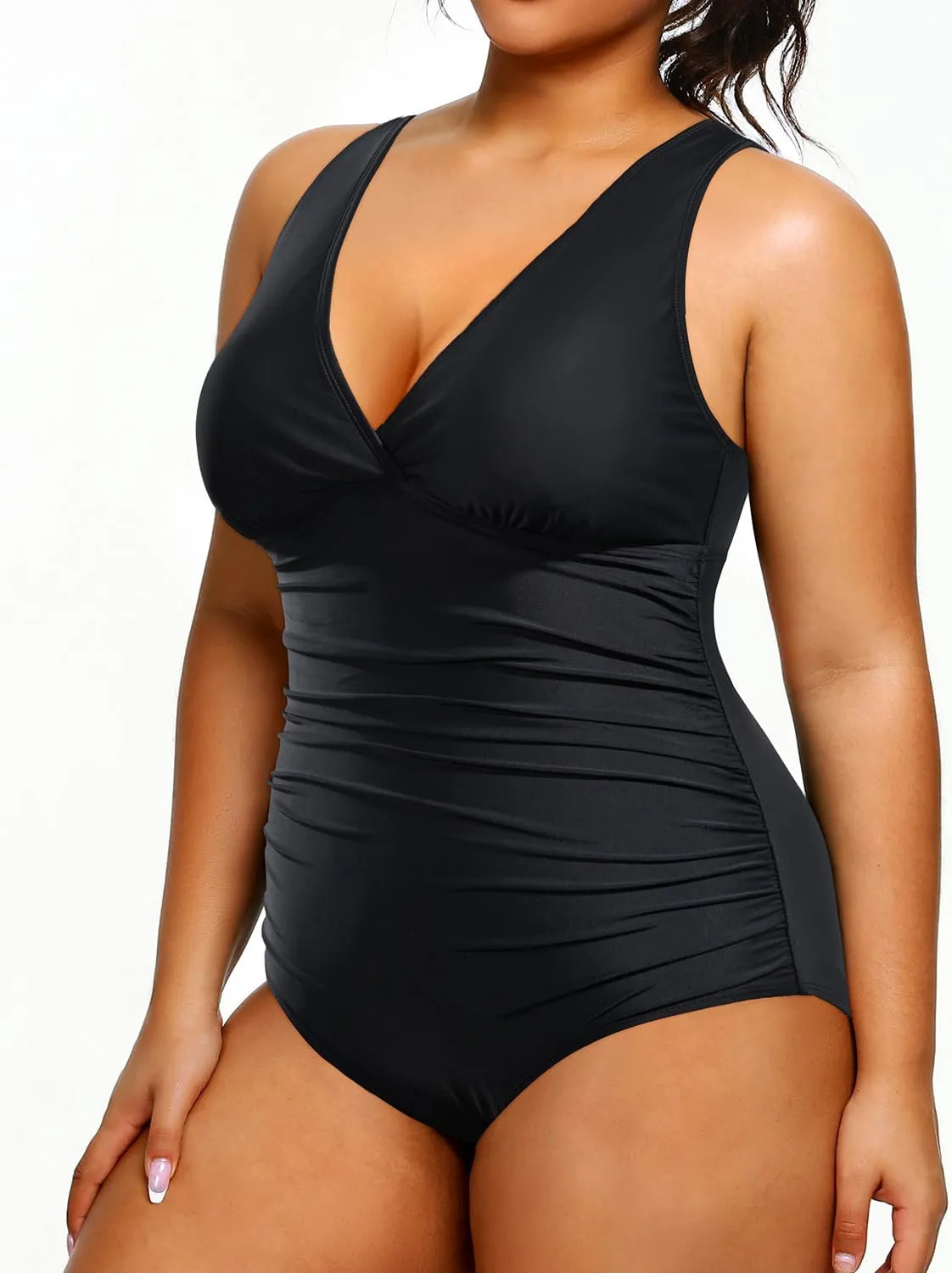 Aqua Eve Women Plus Size One Piece Swimsuits Tummy Control Bathing Suits V Neck Ruched Swimwear