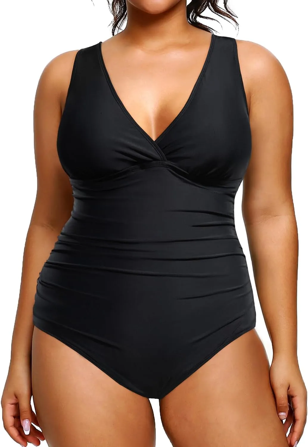 Aqua Eve Women Plus Size One Piece Swimsuits Tummy Control Bathing Suits V Neck Ruched Swimwear