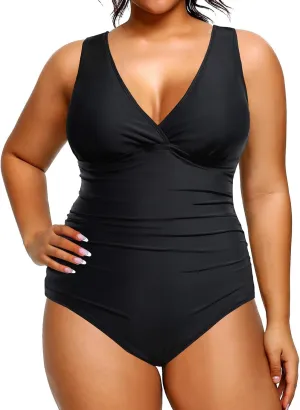 Aqua Eve Women Plus Size One Piece Swimsuits Tummy Control Bathing Suits V Neck Ruched Swimwear