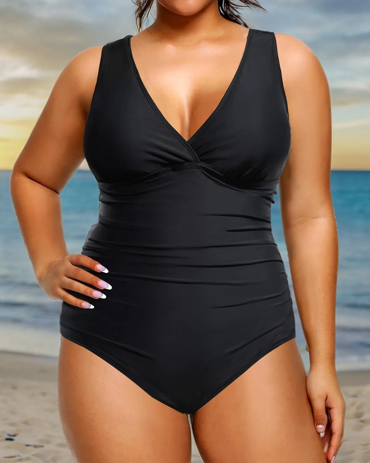 Aqua Eve Women Plus Size One Piece Swimsuits Tummy Control Bathing Suits V Neck Ruched Swimwear