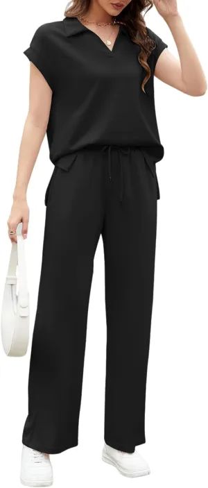 AVAMO Womens 2 Piece Outfit Lounge Set Cap Sleeve Polo Top And Pant Set Tracksuit Travel Matching Outfit
