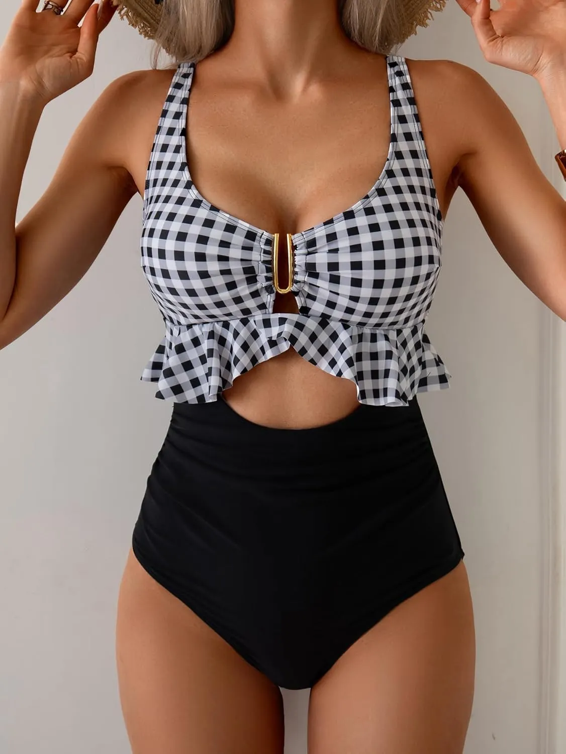 B2prity Womens One Piece Swimsuit Tummy Control Ruffled Bathing Suit V Neck Cutout Swim Suit Tie Back Swimwear