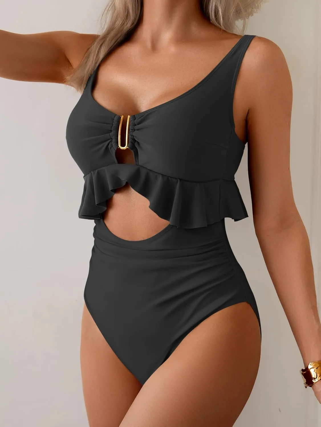 B2prity Womens One Piece Swimsuit Tummy Control Ruffled Bathing Suit V Neck Cutout Swim Suit Tie Back Swimwear