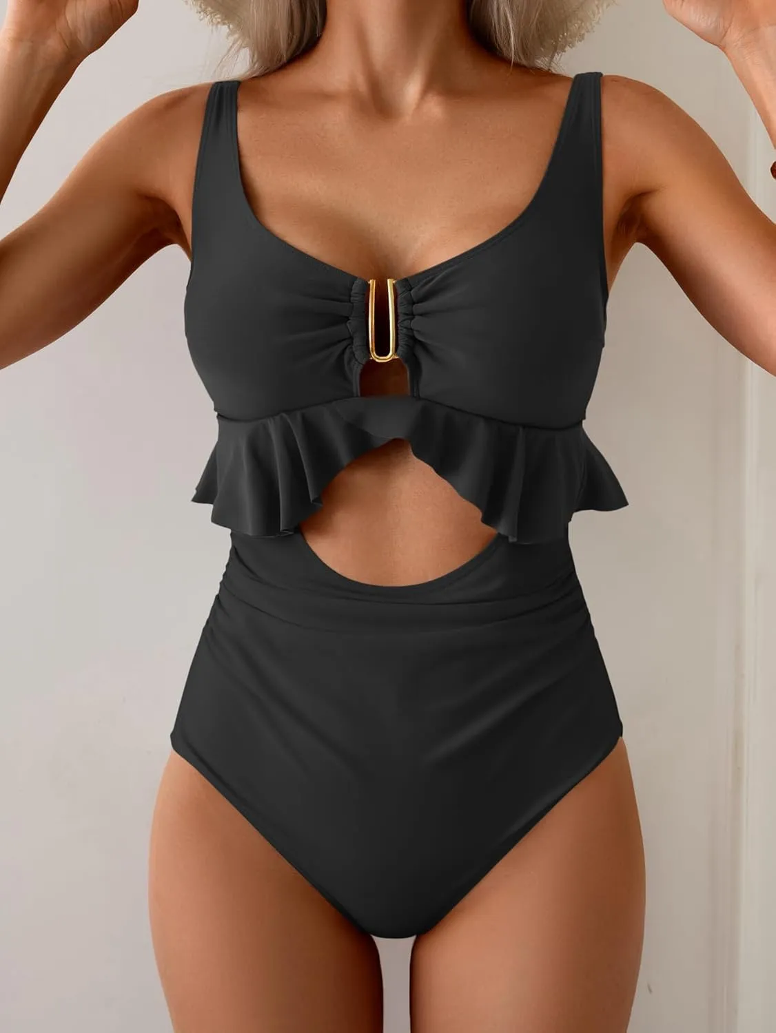 B2prity Womens One Piece Swimsuit Tummy Control Ruffled Bathing Suit V Neck Cutout Swim Suit Tie Back Swimwear