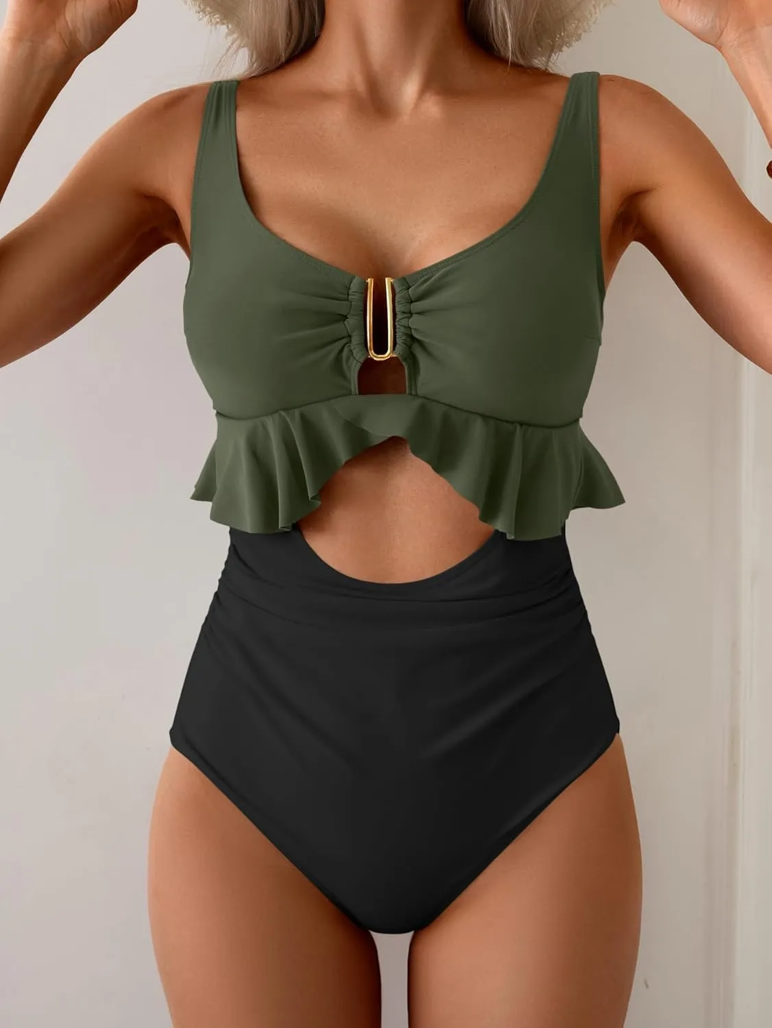 B2prity Womens One Piece Swimsuit Tummy Control Ruffled Bathing Suit V Neck Cutout Swim Suit Tie Back Swimwear