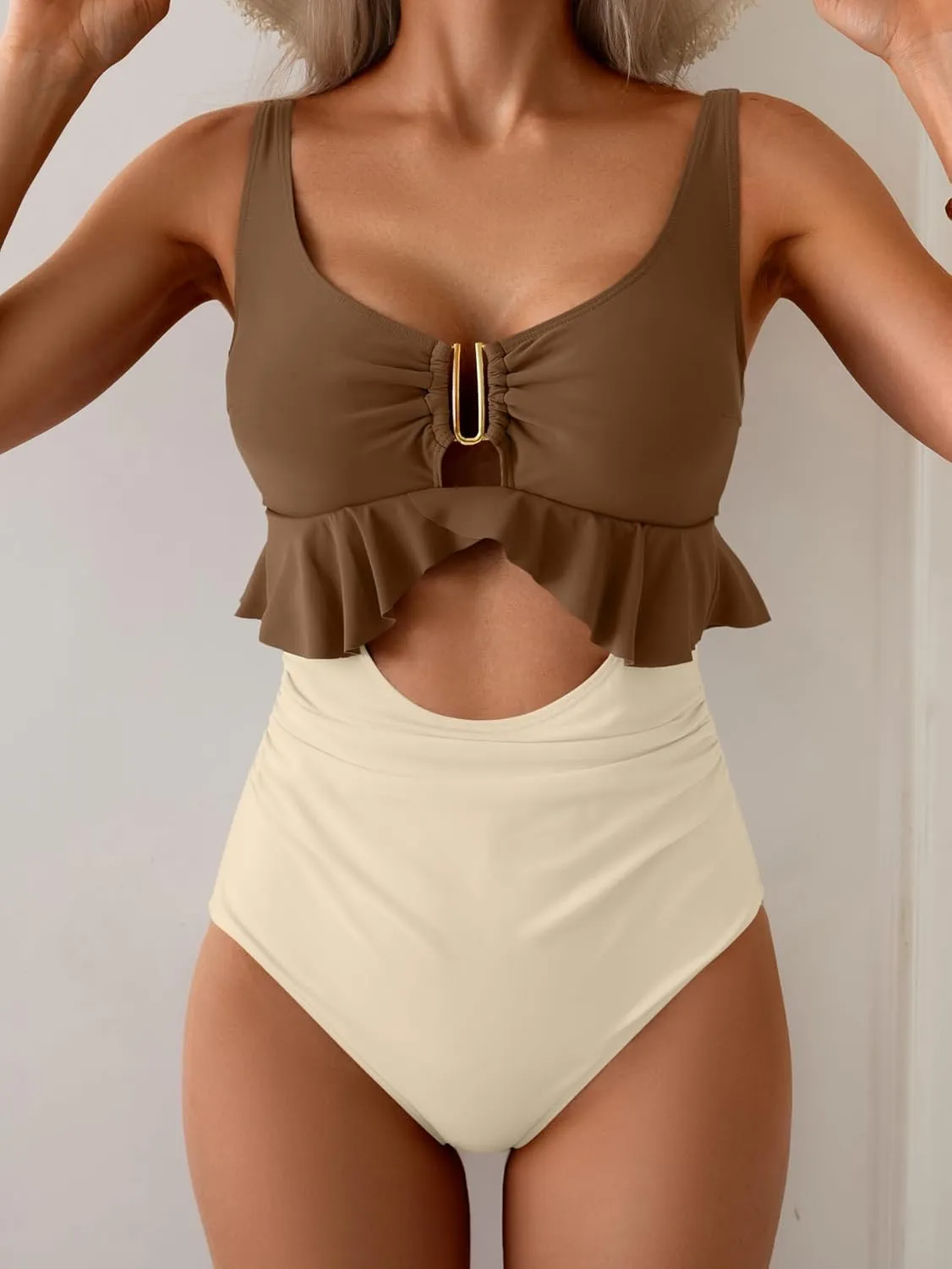 B2prity Womens One Piece Swimsuit Tummy Control Ruffled Bathing Suit V Neck Cutout Swim Suit Tie Back Swimwear