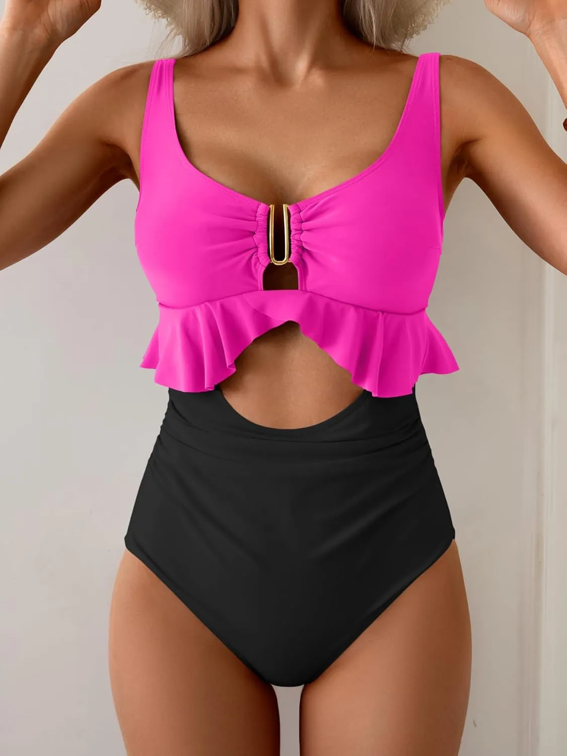 B2prity Womens One Piece Swimsuit Tummy Control Ruffled Bathing Suit V Neck Cutout Swim Suit Tie Back Swimwear