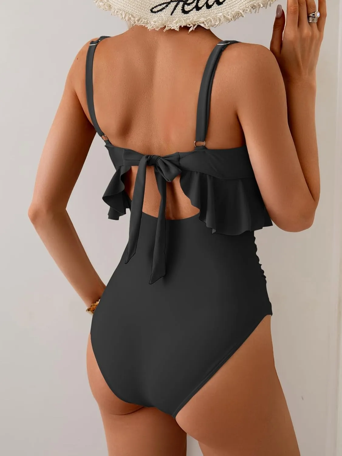 B2prity Womens One Piece Swimsuit Tummy Control Ruffled Bathing Suit V Neck Cutout Swim Suit Tie Back Swimwear