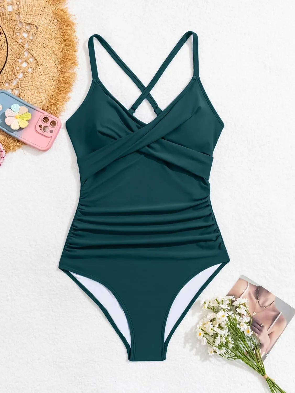 B2prity Women's One Piece Swimsuits Tummy Control Front Cross Bathing Suits Tie Back Slimming V Neck Swimwear