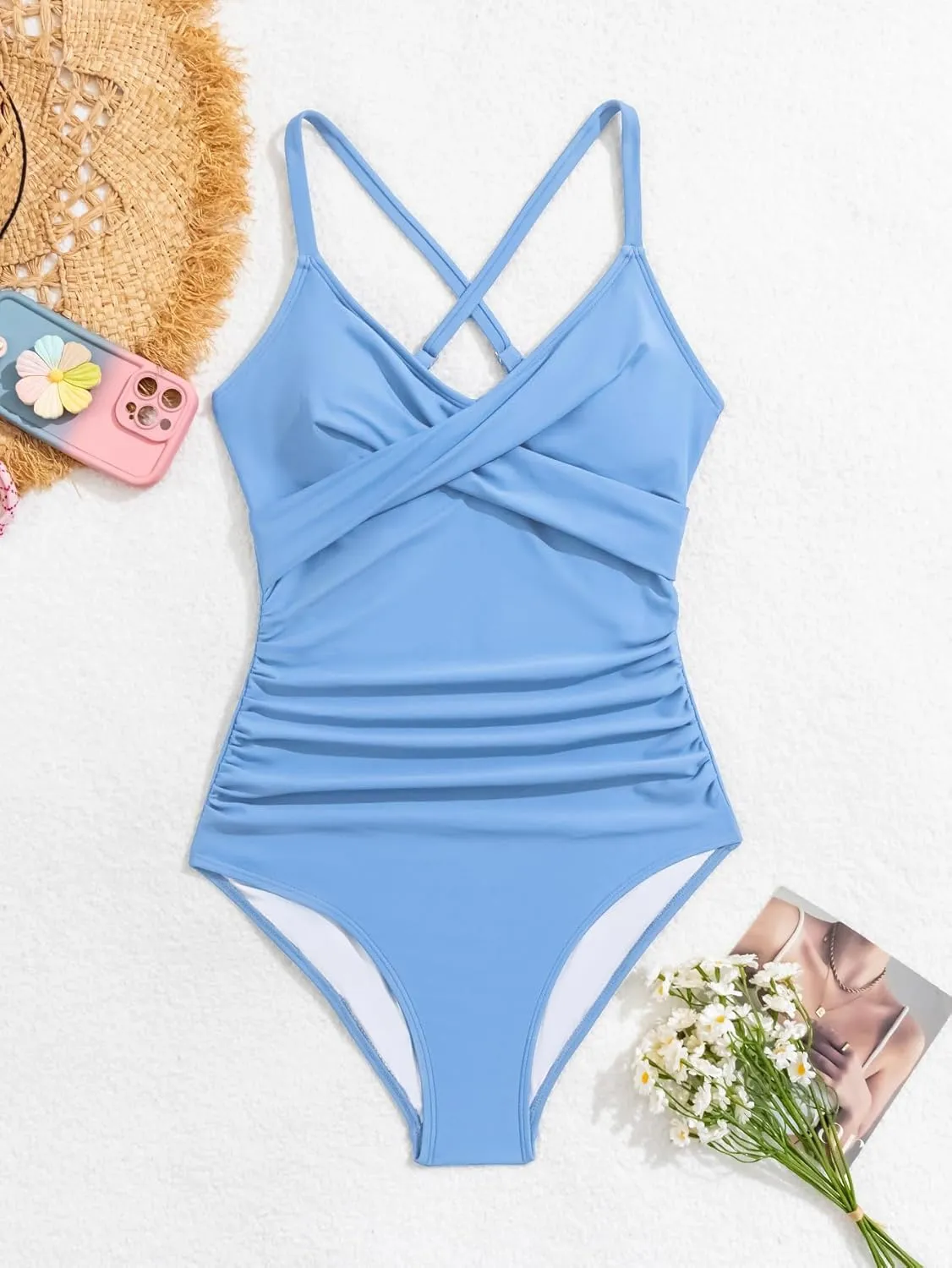 B2prity Women's One Piece Swimsuits Tummy Control Front Cross Bathing Suits Tie Back Slimming V Neck Swimwear