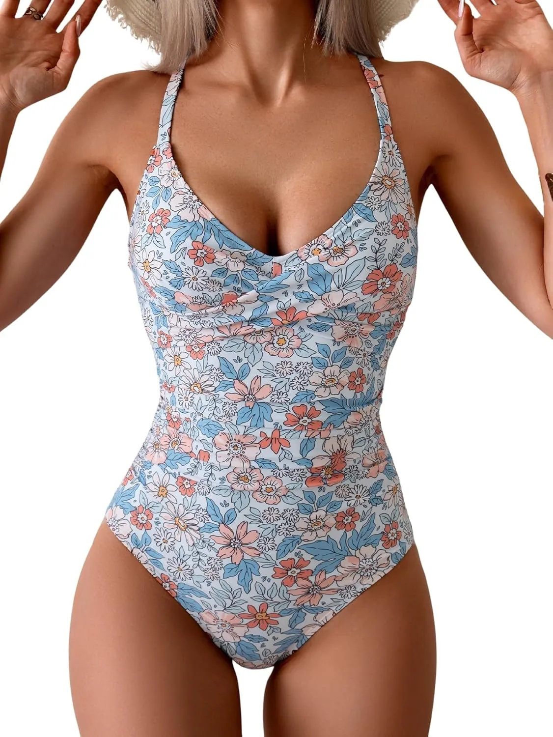 B2prity Women's One Piece Swimsuits Tummy Control Front Cross Bathing Suits Tie Back Slimming V Neck Swimwear