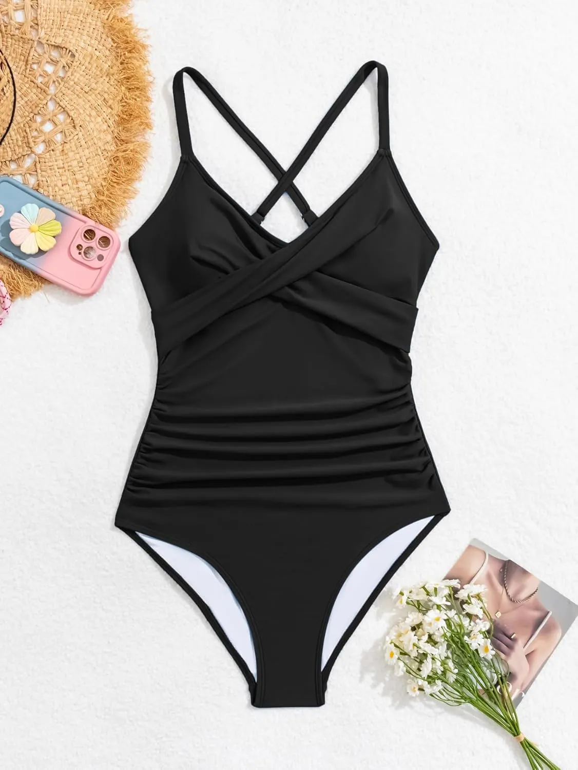 B2prity Women's One Piece Swimsuits Tummy Control Front Cross Bathing Suits Tie Back Slimming V Neck Swimwear