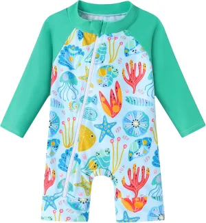 Baby Boy Swimsuit One Piece Long Sleeve Zipper Bathing Suit UPF 50  Sun Protection Rashguard Swimwear 0-24 Months