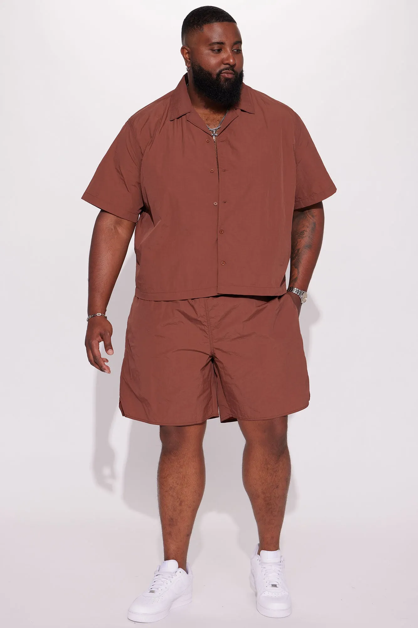 Batter Up Crinkle Nylon Volley Shorts - Brown