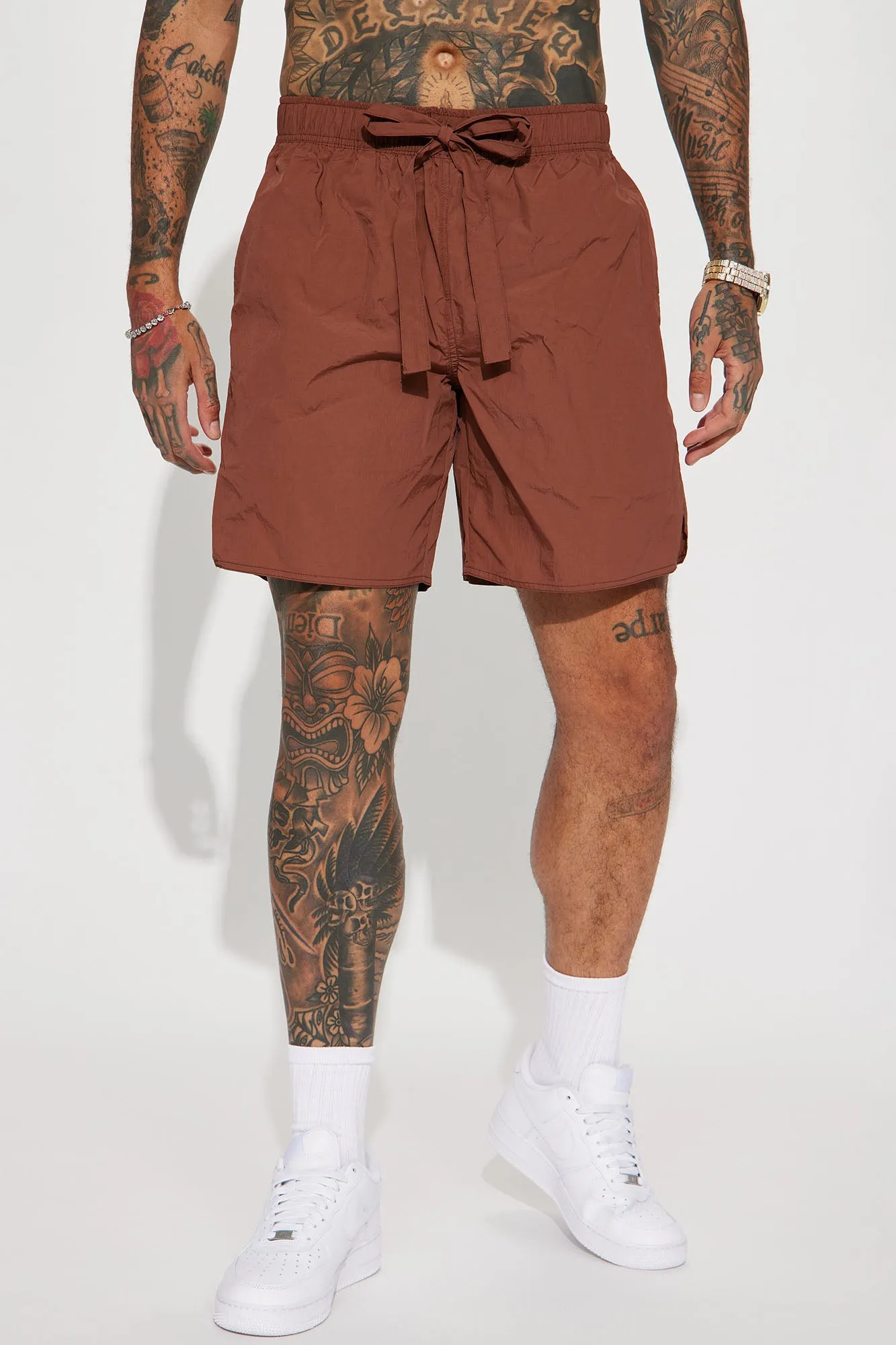 Batter Up Crinkle Nylon Volley Shorts - Brown