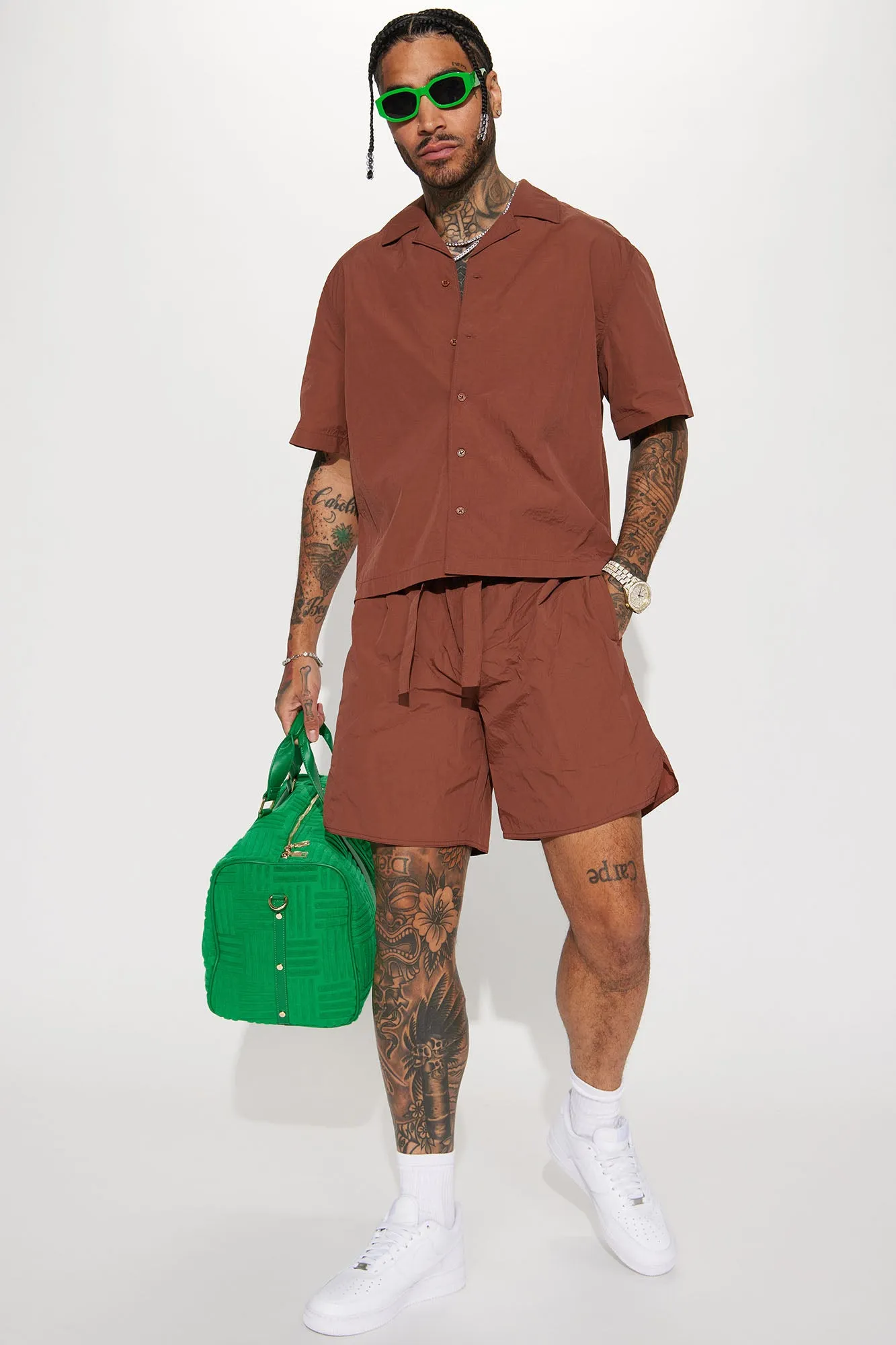 Batter Up Crinkle Nylon Volley Shorts - Brown