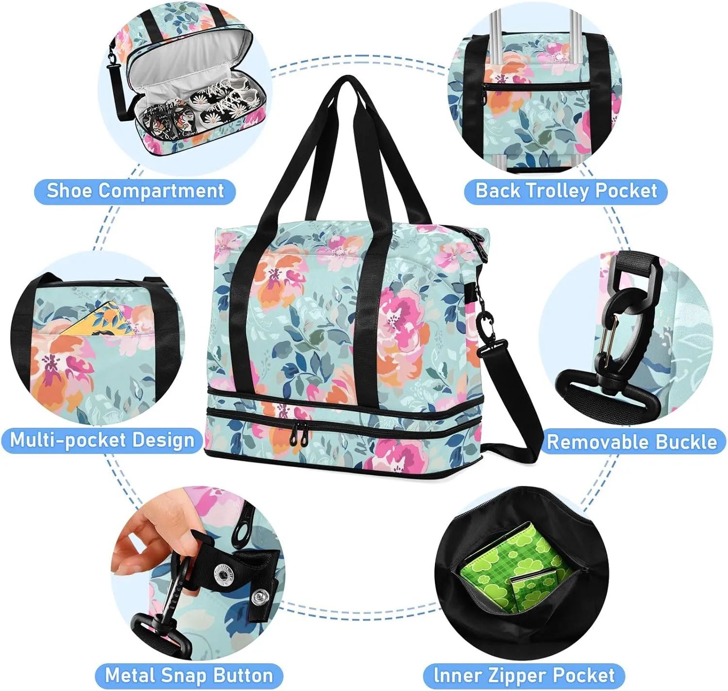 Beautiful Watercolor Roses Bright Travel Tote Bag for Women Expandable Gym Duffle Bag for Men, under the Seat Carry on Bag with Wet Pocket and Shoes Compartment