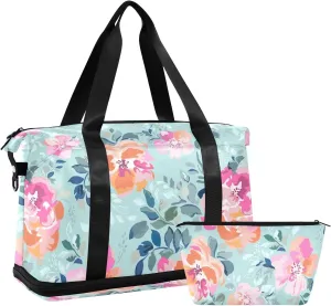 Beautiful Watercolor Roses Bright Travel Tote Bag for Women Expandable Gym Duffle Bag for Men, under the Seat Carry on Bag with Wet Pocket and Shoes Compartment