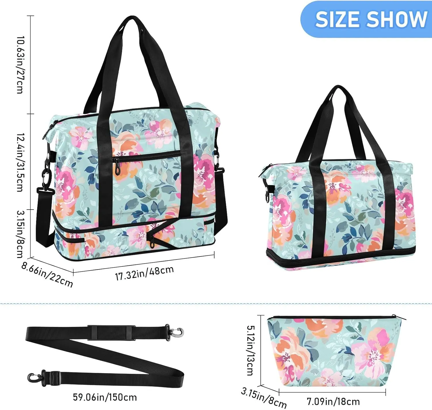 Beautiful Watercolor Roses Bright Travel Tote Bag for Women Expandable Gym Duffle Bag for Men, under the Seat Carry on Bag with Wet Pocket and Shoes Compartment