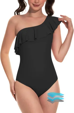 Beautikini Period Swimwear One Piece Menstrual Leakproof Swimsuit One Shoulder Ruffle Bathing Suits for Girls Teens