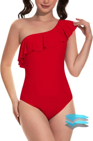 Beautikini Period Swimwear One Piece Menstrual Leakproof Swimsuit One Shoulder Ruffle Bathing Suits for Girls Teens