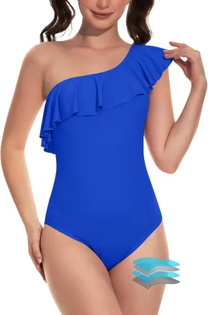Beautikini Period Swimwear One Piece Menstrual Leakproof Swimsuit One Shoulder Ruffle Bathing Suits for Girls Teens