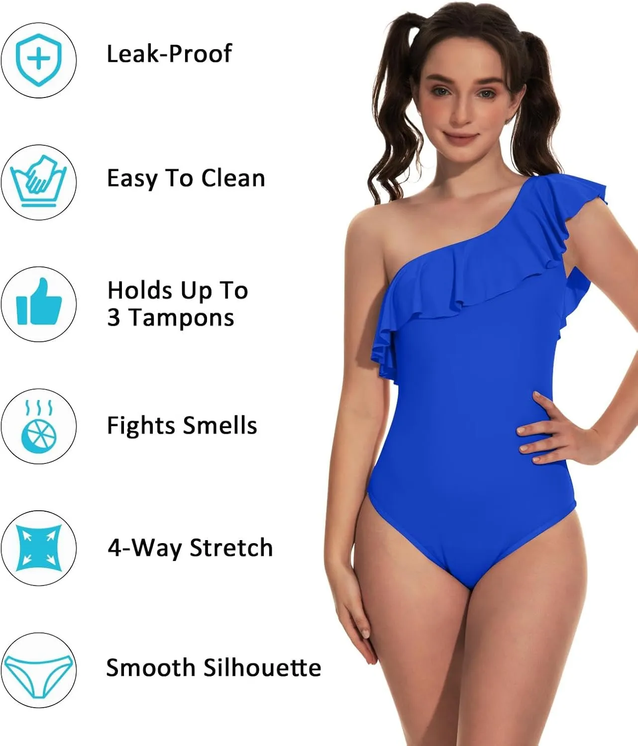 Beautikini Period Swimwear One Piece Menstrual Leakproof Swimsuit One Shoulder Ruffle Bathing Suits for Girls Teens
