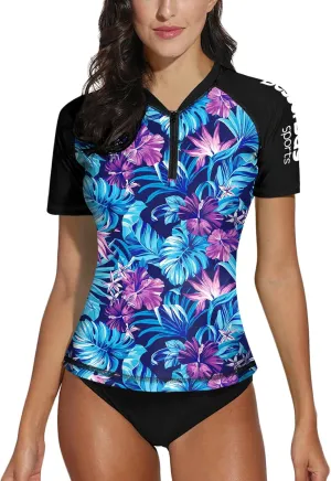 BesserBay Women UPF 50  Half Zip Short Sleeve Tropical Rash Guard Shirt Qick Dry Swim Tops Swimsuit