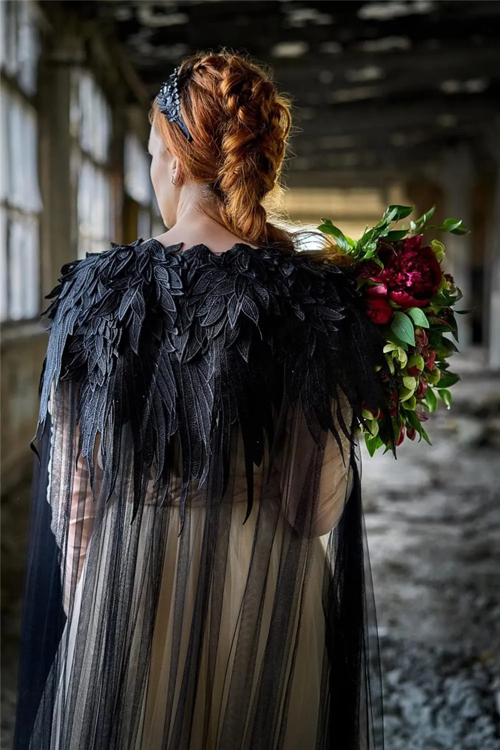 Black Angel Demon Wings Shawl Lace Bridal veils wedding accessories for Bride