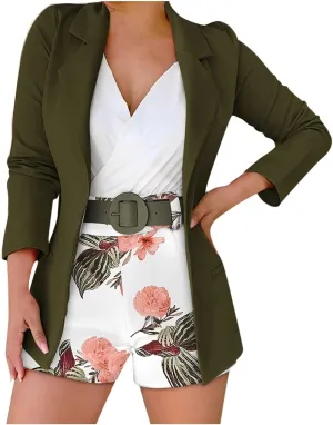 Blazer Sets Women 3 Piece Outfits Long Sleeve Open Front Blazer Jacket Floral Print Short Pants with Belt Work Office Suit