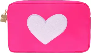 BLOC Bags Travel Makeup Bag, Cosmetic Bags for Women, Medium Cute Toiletry Bag, Make up Bag, Beauty Bag with Chenille Patch and Top Zipper, Inside Zipper Pouch and Mesh Pockets (White Heart, Hot Pink)