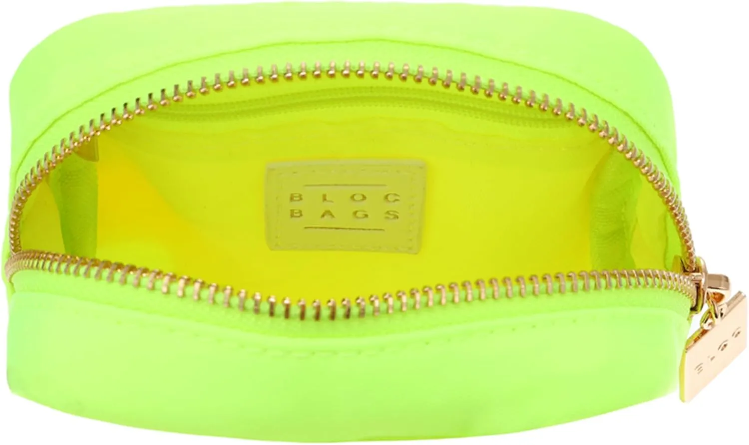 BLOC Bags Travel Makeup Bag, Cosmetic Bags for Women, Mini Makeup Bag, Cute Toiletry Bag, Beauty Bag with Chenille Patch, with Inside Zipper Pouch and Mesh Pockets (Pink Kiss, Neon Yellow)