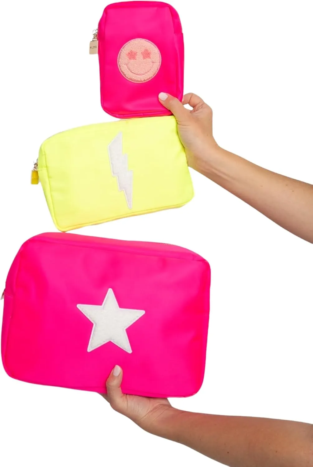 BLOC Bags Travel Makeup Bag, Cosmetic Bags for Women, Mini Makeup Bag, Cute Toiletry Bag, Beauty Bag with Chenille Patch, with Inside Zipper Pouch and Mesh Pockets (Pink Kiss, Neon Yellow)