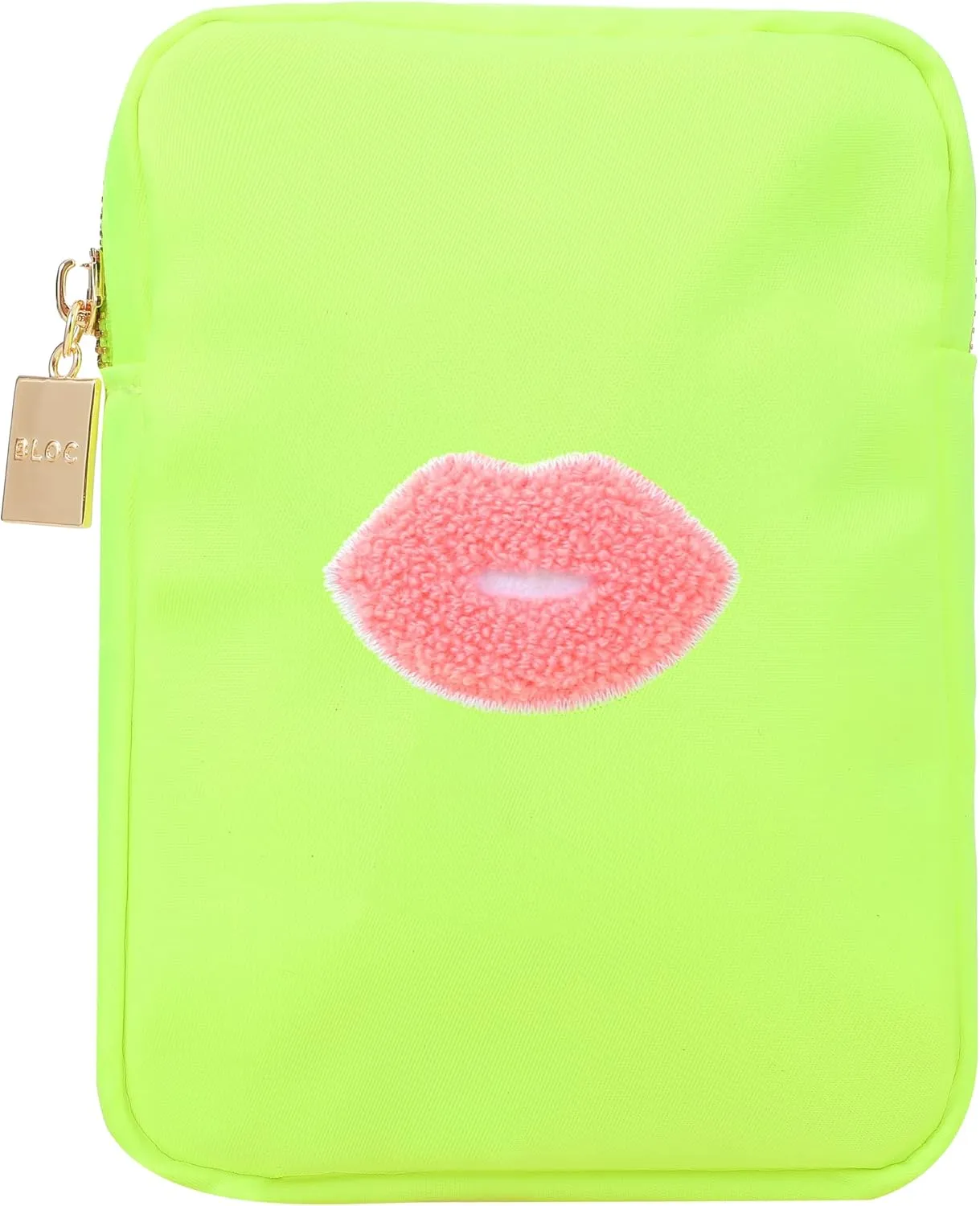 BLOC Bags Travel Makeup Bag, Cosmetic Bags for Women, Mini Makeup Bag, Cute Toiletry Bag, Beauty Bag with Chenille Patch, with Inside Zipper Pouch and Mesh Pockets (Pink Kiss, Neon Yellow)