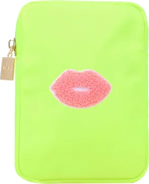 BLOC Bags Travel Makeup Bag, Cosmetic Bags for Women, Mini Makeup Bag, Cute Toiletry Bag, Beauty Bag with Chenille Patch, with Inside Zipper Pouch and Mesh Pockets (Pink Kiss, Neon Yellow)