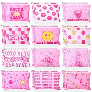 Blosssound 24 Pcs Preppy Cosmetic Bags Pink Makeup Pouches Bulk Cute Cosmetic Pouch with Zipper Women's Gift Travel Toiletry Organizer Bags Howdy Birthday Gifts for Preppy Party Supplies