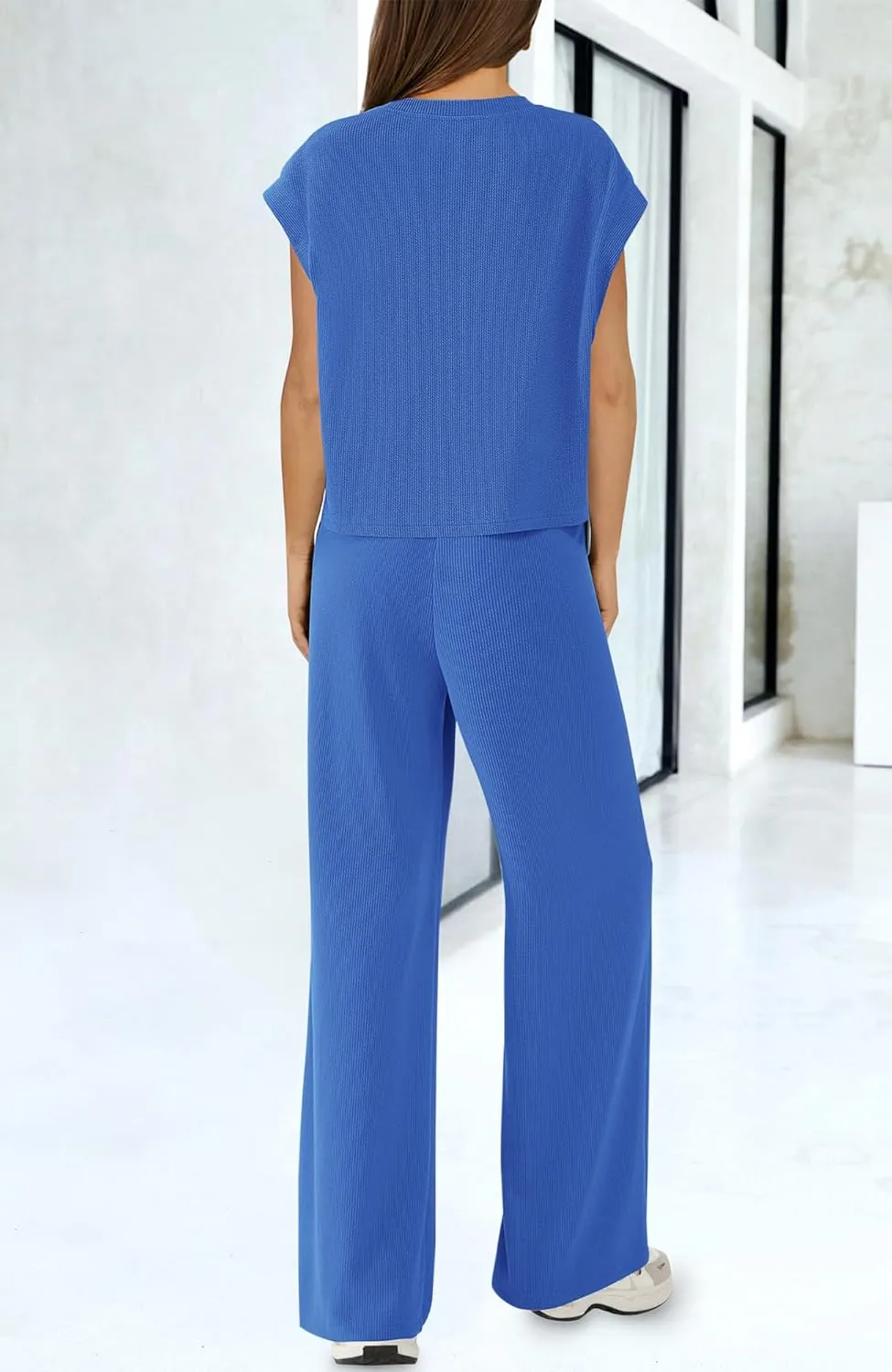 BTFBM Women Two Piece Outfits Summer Short Sleeve Knit Tops Wide Leg Pants Lounge Matching Sets Sweatsuit Airport