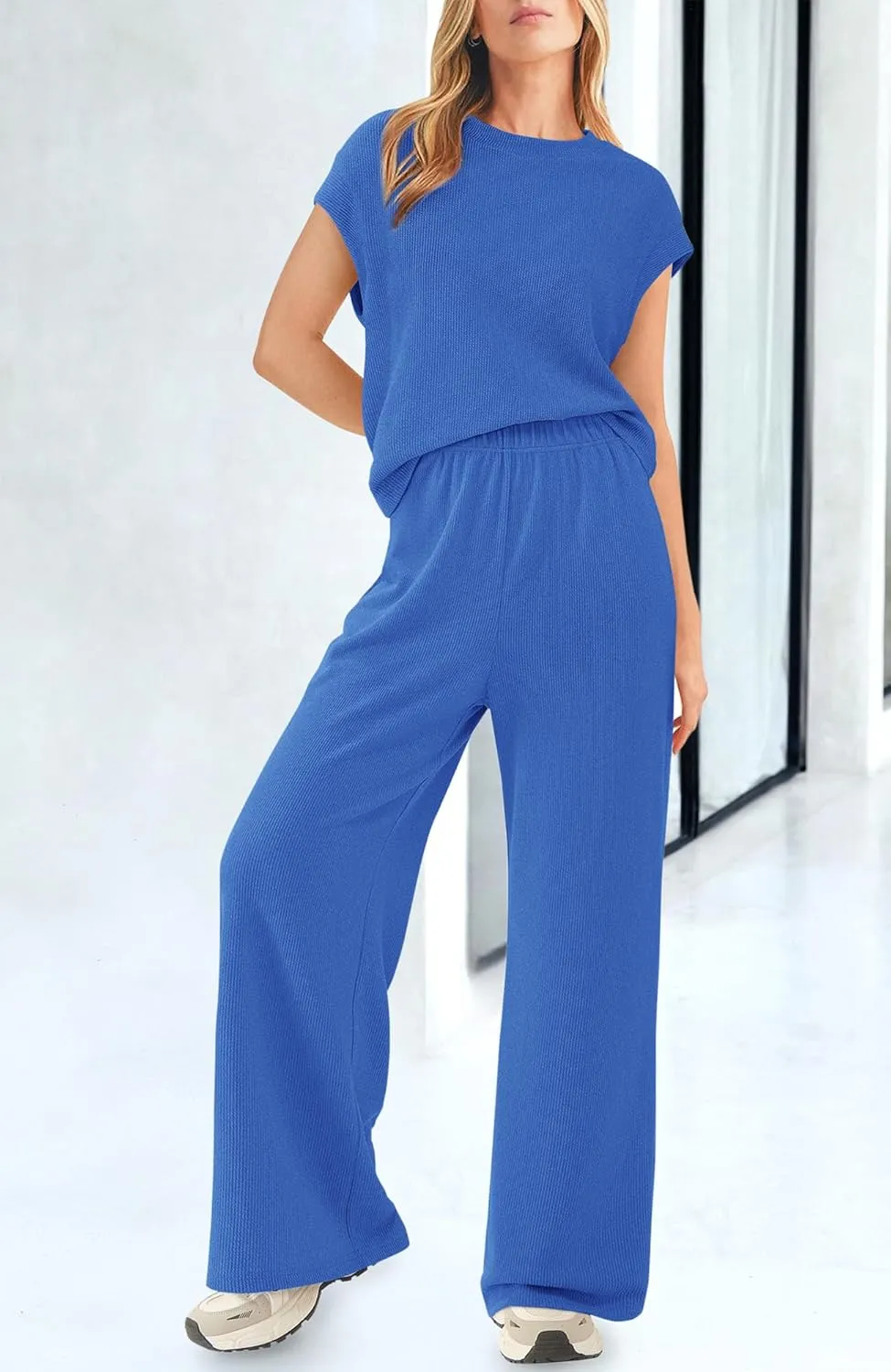 BTFBM Women Two Piece Outfits Summer Short Sleeve Knit Tops Wide Leg Pants Lounge Matching Sets Sweatsuit Airport